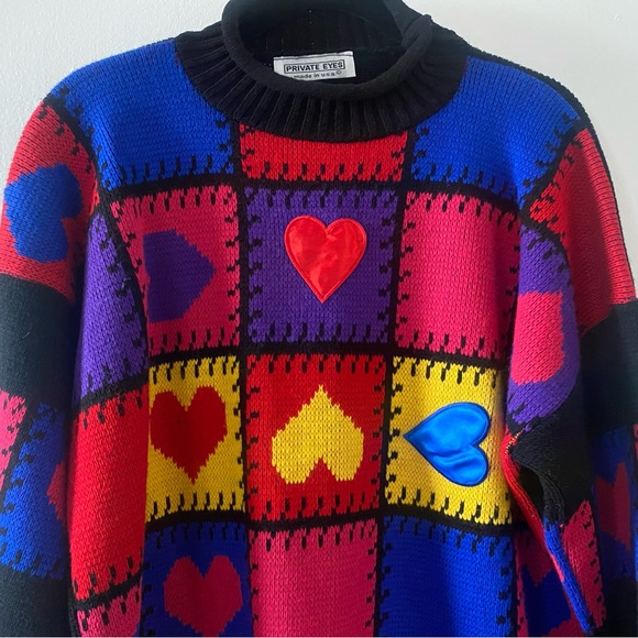 VINTAGE 80s 90s PATCHWORK HEART DESIGN SWEATER - Picture 2 of 4